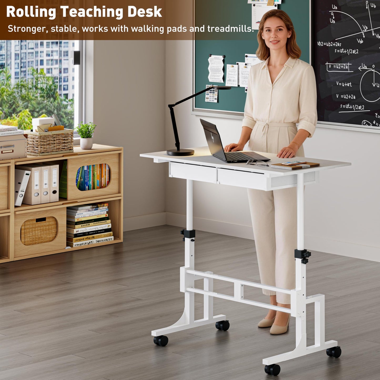 Adjustable Height Standing Desk with 2 Storage Drawers, Mobile Rolling Sit Stand Desk with Lockable Wheels, Stable Height Adjustable 31.5"-43.3" Computer Workstation for Treadmill, Home Office Study