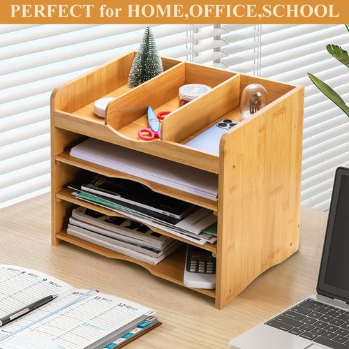 DEAYOU Bamboo Desk File Organizer, 13" Document Letter Tray Sorter with 2 Adjustable Shelves, 4 Tier Mail Organizer Countertop, Paper Storage Holder Box Cubby for Magazine, Office, Home, School