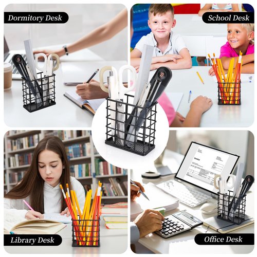 Metal Pencil Holder for Desk, 2 Pack Black Wire Pen Organizers with Mesh Bottom for Office Classroom School Home (Grid-like Design)