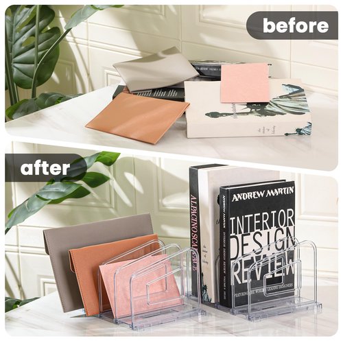 LALOBLUE File Organizer, Acrylic File Folder Organizer File Sorter, Plastic Vertical Book Dividers for Magazine Mail Letter Paper, Desktop Organizers for Office, Classroom & Home(4 Sections, 2 Pack)