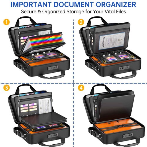 JHSafer 5200℉ Fireproof Document Box with lock, Hard-Shell Case File Organizer with 24 Pocket Accordion File Folder, Portable Safe Box with Shoulder Strap for Home Important Documents Laptop Black
