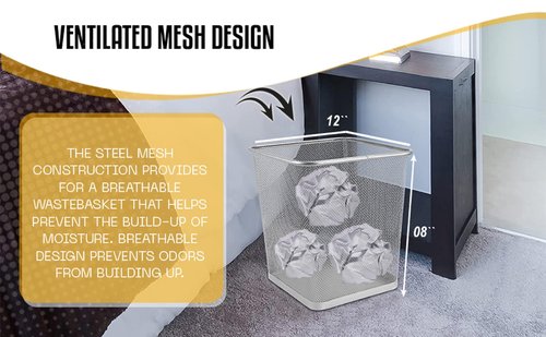 YBM HOME Mesh Wastebasket Trash Can for Home and Office Workspace, Metal Office Trash Can Rectangular-Shaped, 3.5 Gallon (2 Pack), Black 1103s