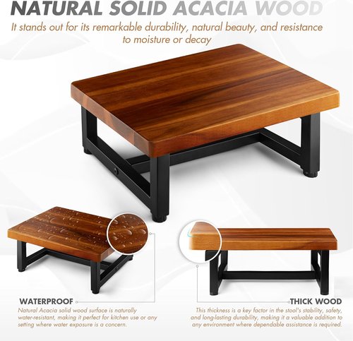 FANATU Heavy-Duty Wooden Step Stool - Supports 500lbs for Kitchen, Bathroom & Bedside Use | Acacia Wood