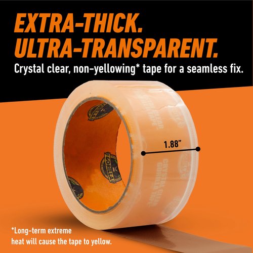 Gorilla Crystal Clear Tape, 1.88” x 18 yd (Pack of 12) - Weather Resistant for Indoor or Outdoor Projects and Repairs