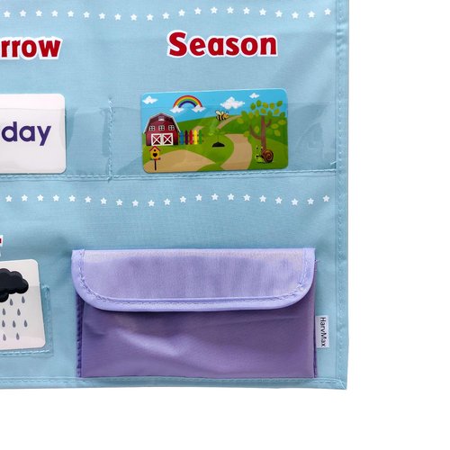 Educational Calendar and Weather Pocket Chart Set for Kids - Classroom Learning Tool with 147 Double-Sided Cards,Daily Routine Tracker for Preschool to Elementary (Light Blue)