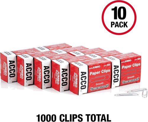 ACCO Brands Jumbo Paper Clips - Smooth Economy Design | 10 Boxes of 100 Clips Each