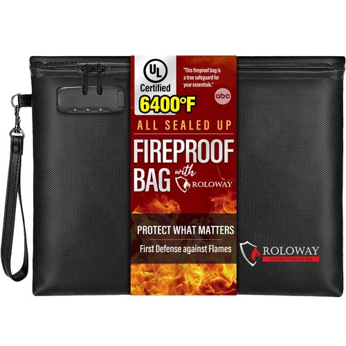 ROLOWAY Fireproof Document Bag (14.5 x 11.5 inch), 6400℉ Fireproof Money Bag with Zipper for Cash, Fire Safe Money Pouch with Lock (Black)