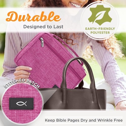 Christian Art Gifts Bible Cover - Durable Polyester with Jesus Fish Patch, Zipper Pocket & Pen Loops | Pink XL