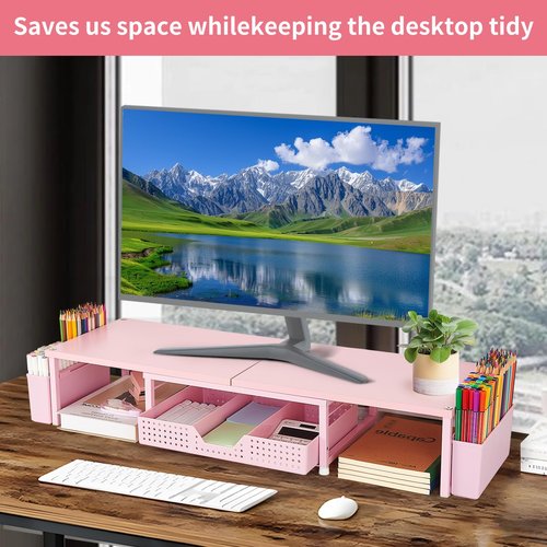 OPNICE Desk Dual Monitor Stand Riser - Wood Desk Organizer with Drawer and Pen Holders, Office Desk Accessories & Workspace Organization, Computer Monitor Stand for Laptop Printer, Girl Pink