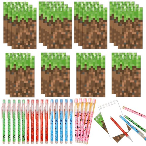 Echoglimmer 40 PCS Pixel Theme Party Favors | Mini Party Supplies 20 Pencils & 20 Miner Theme Notepads | Birthday Pixel Goodie Bag Favors | Decorations