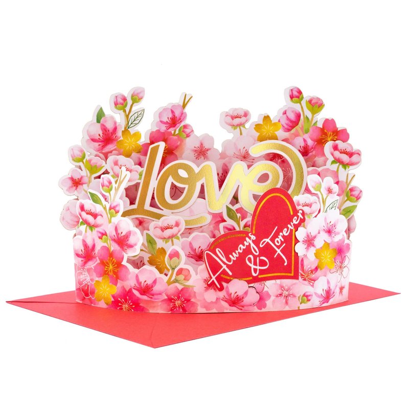 DESIMPLE Sweet Cherry Blossom Pop Up Card, 7 Inch Flower 3D Greeting Card with “Always & Forever” Heart, Romantic Anniversary Card for Valentine’s Day, Birthday, Includes Envelope & Message Note