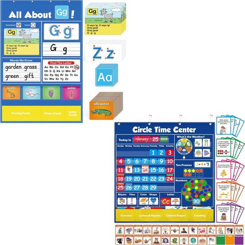 Torlam Circle Learning Time Center Pocket Chart Calendar Set, Alphabet Learning Wall Chart ABC Flash Cards Learning Games for Kids Homeschool Preschool Kindergarten Learning Activities Must