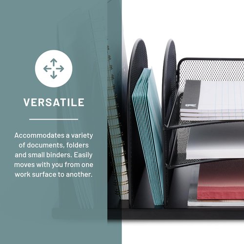 Safco Onyx Desk Organizer, 3 Vertical Compartments and 3 Trays, Office and Classroom Mailbox , Paper and Mail Sorter, Steel Mesh, Black