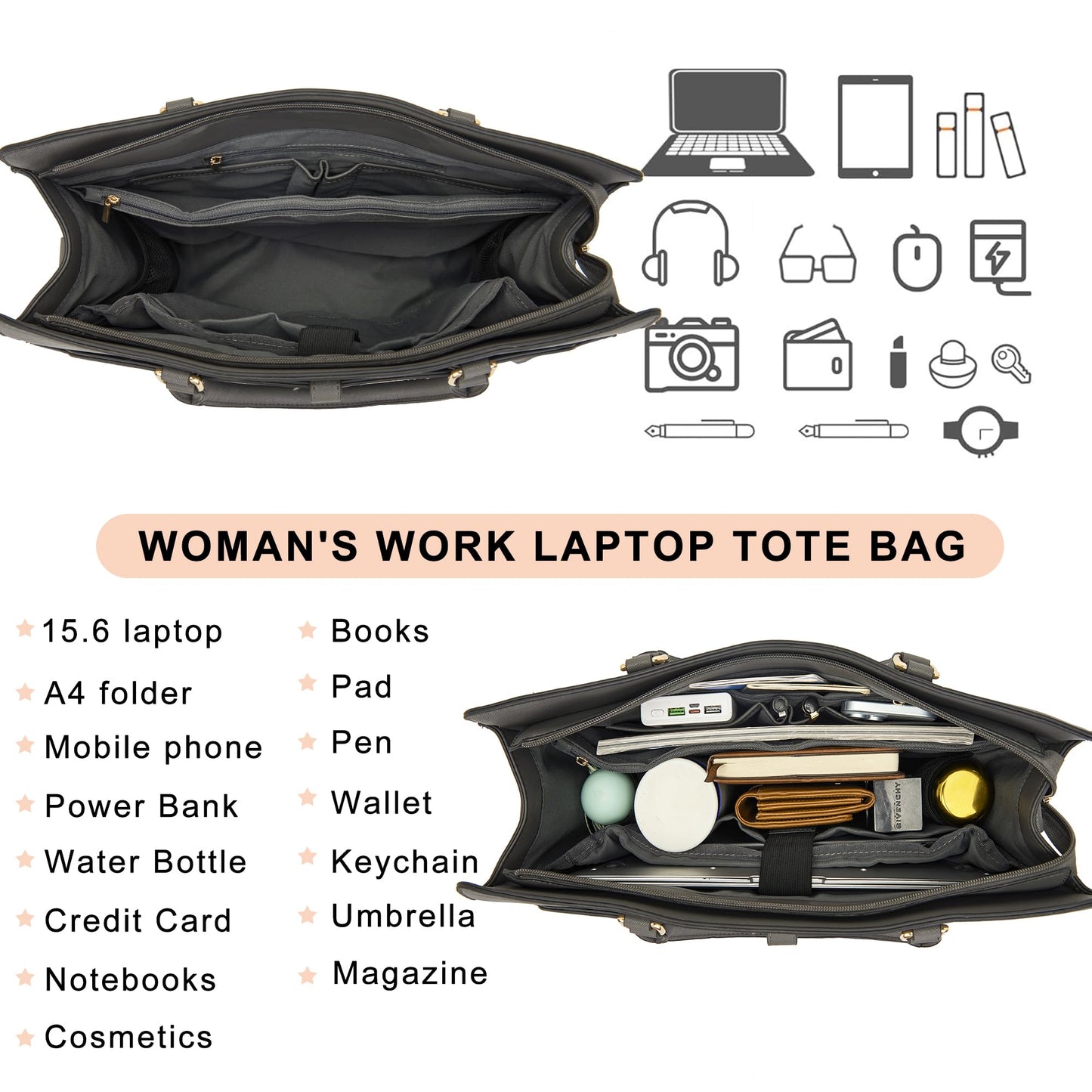 YZAOLL 15.6 Inch Vegan Leather Laptop Bag for Women Lightweight Water-Resistant Work Tote Briefcase for Travel,College,Office DarkGrey