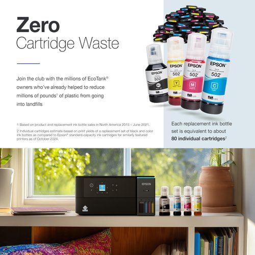 Epson EcoTank ET-2980 Wireless All-in-One Color Supertank Printer with up to 3 Years of Ink, Refillable Tanks, Perfect for Home, 15 PPM, 1.44" Color Screen, Auto 2-Sided Printing - Black