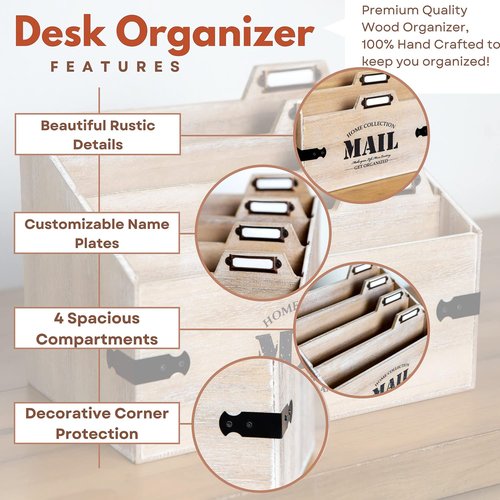 25DOL Mail Organizer XXL Desktop Mail Holder - Wooden Desk Organizer, File Holder and Mail Sorter - 7 x 10.8 Inch Letter Sorter - Rustic Desk Organizers and Accessories, File Folder