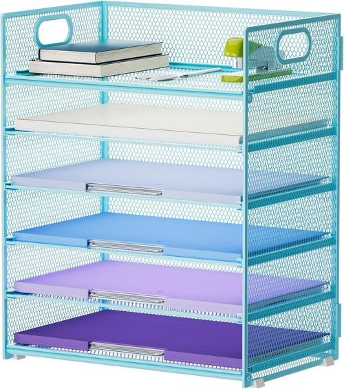 Marbrasse 6-Tier Paper Organizer | Mesh Desk File Holder with Handle for Letter/A4 Folders - Blue