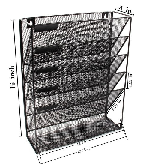 EasyPAG Wall File Holder 5 Tier Vertical Hanging File Organizer Wall Mount Paper Folder Rack with Bottom Flat Tray for Office and Home,Black