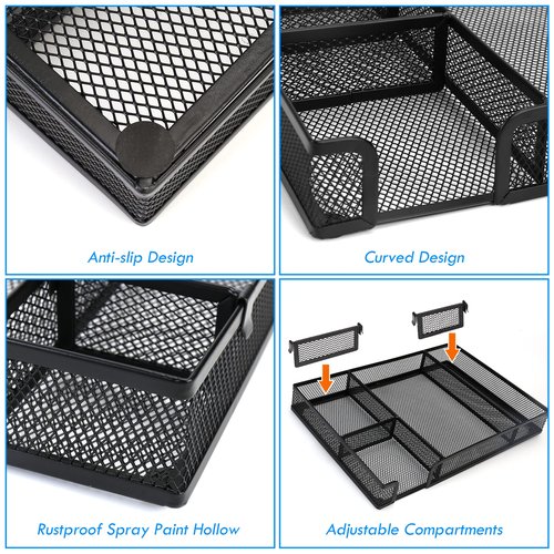 EsOfficce Desk Drawer Organizer Tray with Adjustable Compartments, 6 Grid Metal Mesh Drawer, Multi-use Desk Organizer Storage Box Set for Office,Home,School Supplies, 12.6X9X1.9 inch