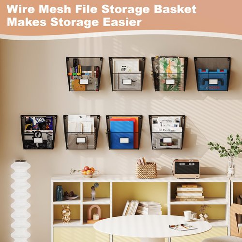 Yuzehuaza Mesh Wall File Holder, Hanging File Organizer, Mail Organizer Wall Mounted, 4 Packs Hanging Magazine Holder with Pencil Case for Classroom Office(BLACK)