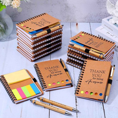 20 Sets Employee Appreciation Gifts Encouragement Inspirational Spiral Notebooks with Sticky Notes Notepads Thank You Bamboo Ballpoint Pens for Nurse Coworker Teacher (THANK YOU)