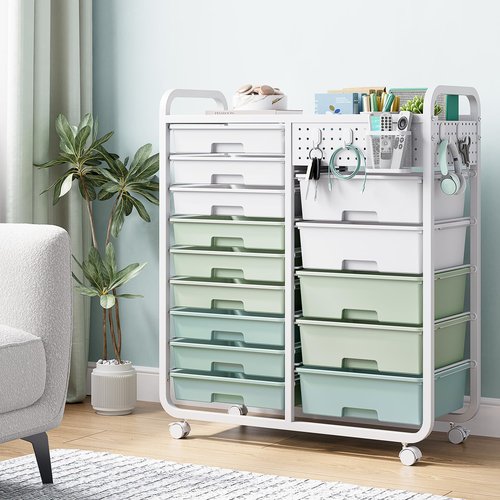 SYKIARIOL 14 Drawer Rolling Cart with Tabletop & DIY Pegboard, Storage Cart with Wheels, Classroom Organizers Utility Cart for Office Home School, Art Supplies, Mobile Craft Organizer, Green