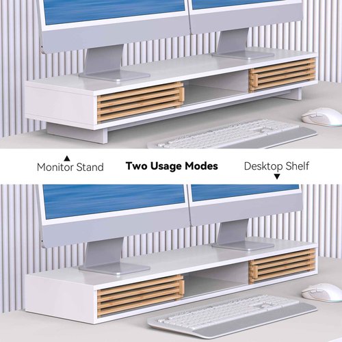 WELL WENG Dual Monitor Stand Riser with Sliding Door, Double Computer Laptop Stand Desk Shelf Organizer with Storage (White + Natural Bamboo, 38 Inch)