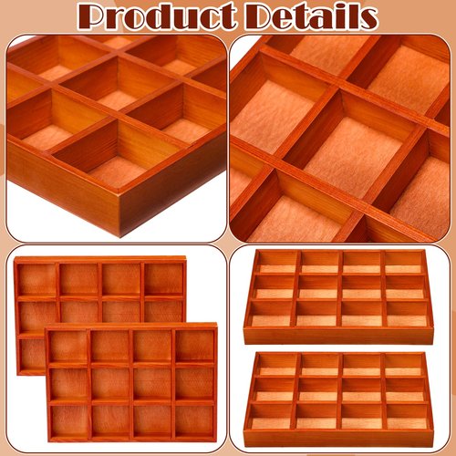 Wonderjune 2 Pack Wooden Drawer Organizer with 12 Compartments 12 Grid Sorting Tray Divided Tray Display Finished Section Box for Arts and Crafts Supplies Stationery Small Items 12.9 x 9.1 x 1.55 Inch