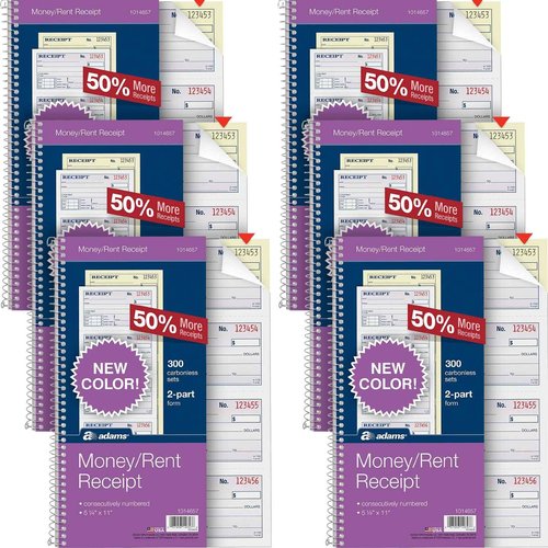 Adams Receipt Book for Money and Rent - 2-Part Carbonless - 5-1/4" X 11" - Spiral Bound Receipt Book with Carbon Copies -300 Sets Per Book - 4 Receipts Per Page (Pack of 6)