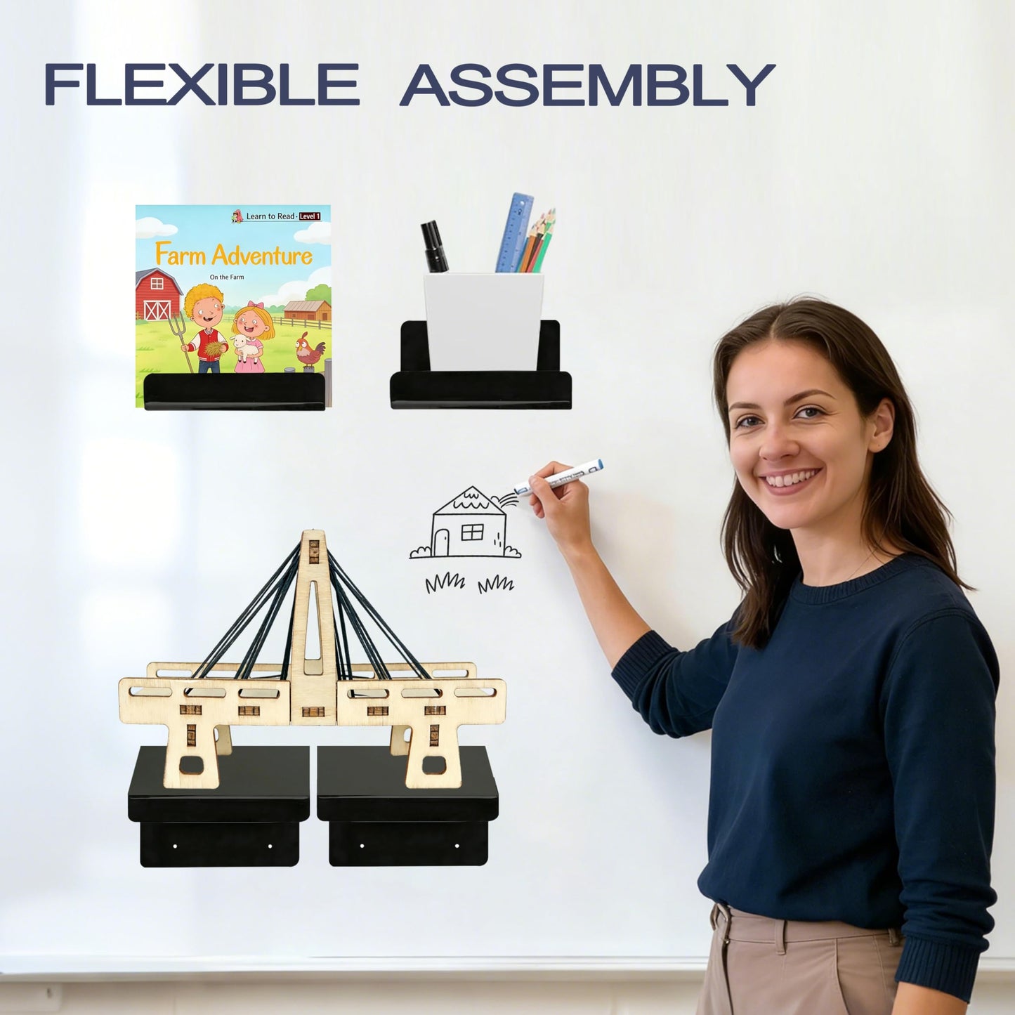 PerYoLyf 4 Pack Magnetic Book Shelf for Whiteboard, 4 * 4 Inch Extra-Wide Reusable Acrylic Magnetic Shelves, Floating Display Shelf for Classroom, Office, Kitchen, Kids Room (Black)