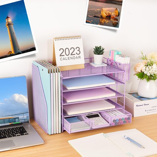 Gugsey Desk Organizer with File Holder, 5-tier Paper Letter Tray File Organizer with Drawer and Pen Holder, Metal Classroom Organization Office Accessories for School Office Supplies(Purple)