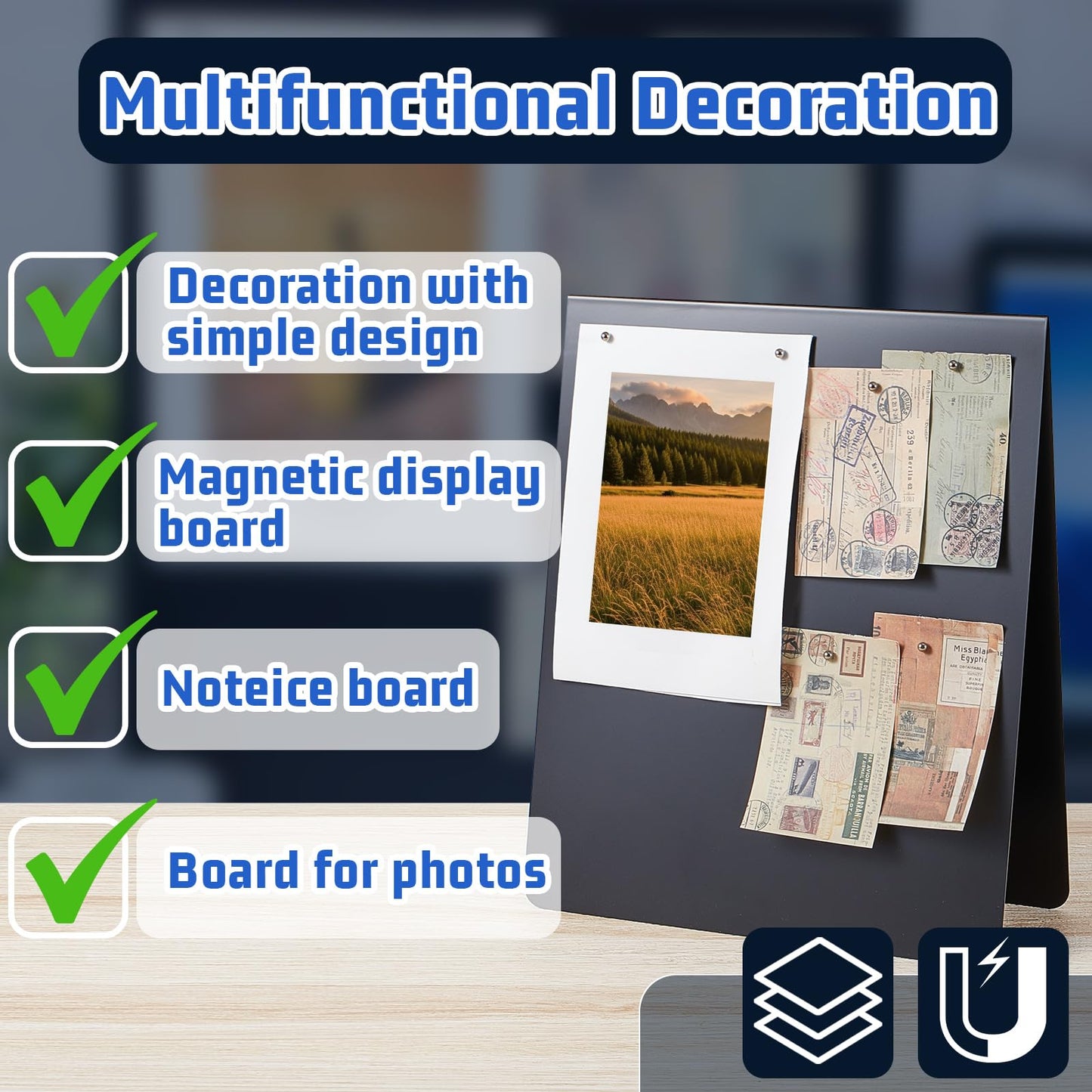 Leinuosen 1 Pcs 12 x 10 Inch Magnetic Bulletin Board Metal Magnet Board Magnet Display Stand for Tabletop Desktop Home Kitchen Office Decor (Black)