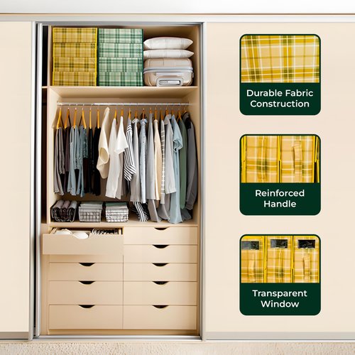 Mama Gs 4 Pack Bed Sheet Organizer and Storage with Zipper, Handle, Label & Window, Foldable Linen Closet Organizers and Storage for Sheet Set, Blanket, Duvet Covers – No Insect Entry Design (Green)