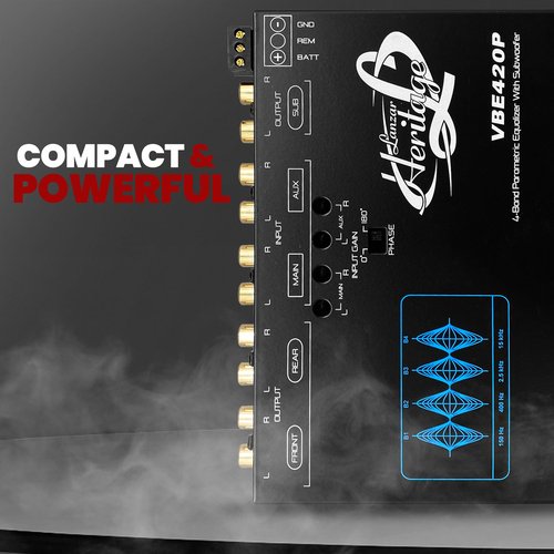 Lanzar 4 Band Stereo Equalizer - Half Din Car Equalizer with Subwoofer Gain Control, RCA Inputs, Pre-Amp Outputs, Rotary Fader, AUX Input Selector, Blue Light for Car or Home Audio Systems