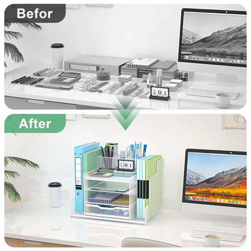 VIVSOL Desk Organizers and Accessories, 4-Tier Office Supplies Desk Organizer with 2-File Organizer with Sliding Drawer, 3 Trays and Large Capacity Pen Holder, Mesh Desk Accessories, White