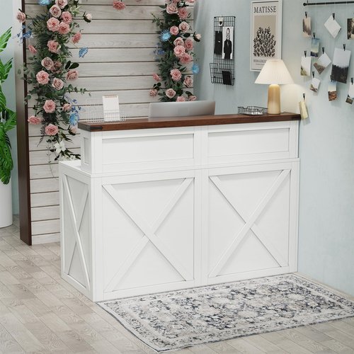 Velacori White Reception Desk with Open Storage Shelf for Office Reception Room, 47-Inch Large Retail Counter Farmhouse Wood Checkout Counter Table for Store Lobby Beauty Salon, White Bronw