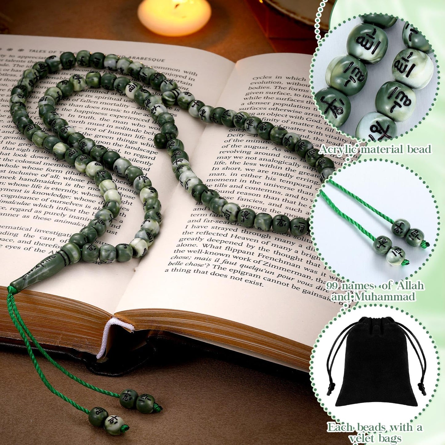 Ferreve 12 Sets Muslim Tasbih 99 Rosary Prayer Beads 8mm Islam with Allah Names Engraved for Muslim Gift, Islamic Ceremony Religious Gift for Men and Women(Green)