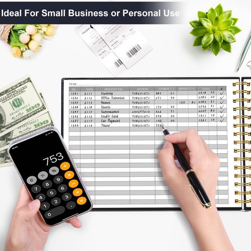 HAUTOCO Hardcover Accounting Ledger Book for Small Business Bookkeeping Horizontal Money Expense Tracker Notebook with 2 Storage Pouch, Personal Columnar Log Journal 10.78 x 8'', Black