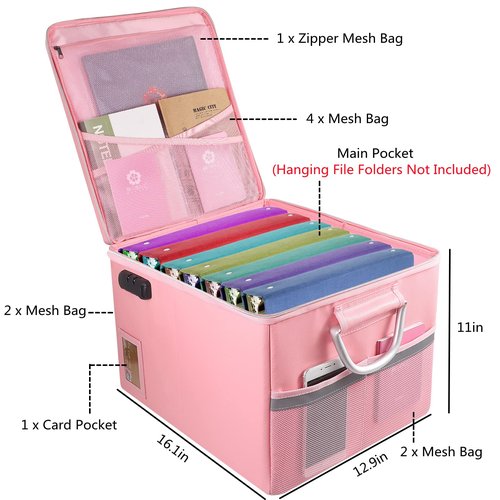 Fireproof Document Box, Fireproof Organizer Safe Box with Lock, Portable Office Storage Cabinet for Hanging Letter/Legal Folder 16.1 x 12.9 x 11in(Pink)