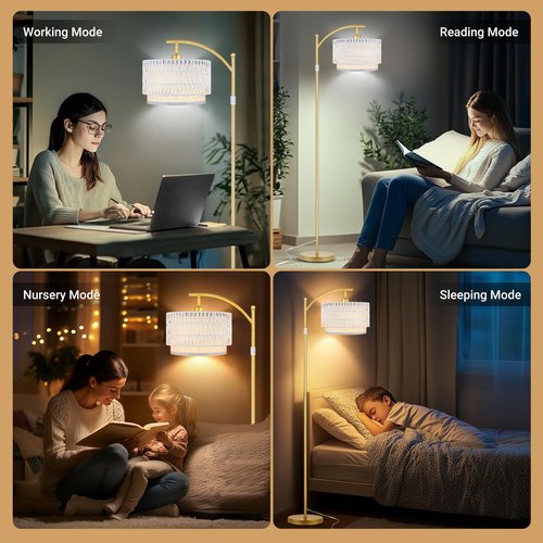 Rattan Floor Lamps for Living Room, Boho Standing Lamps with White Rattan& Linen Double Shades, Arc Lamps Floor Standing with 9W Bulb, Foot Switch, Gold Bohemian Floor Lamps for Bedroom, Office-Drum