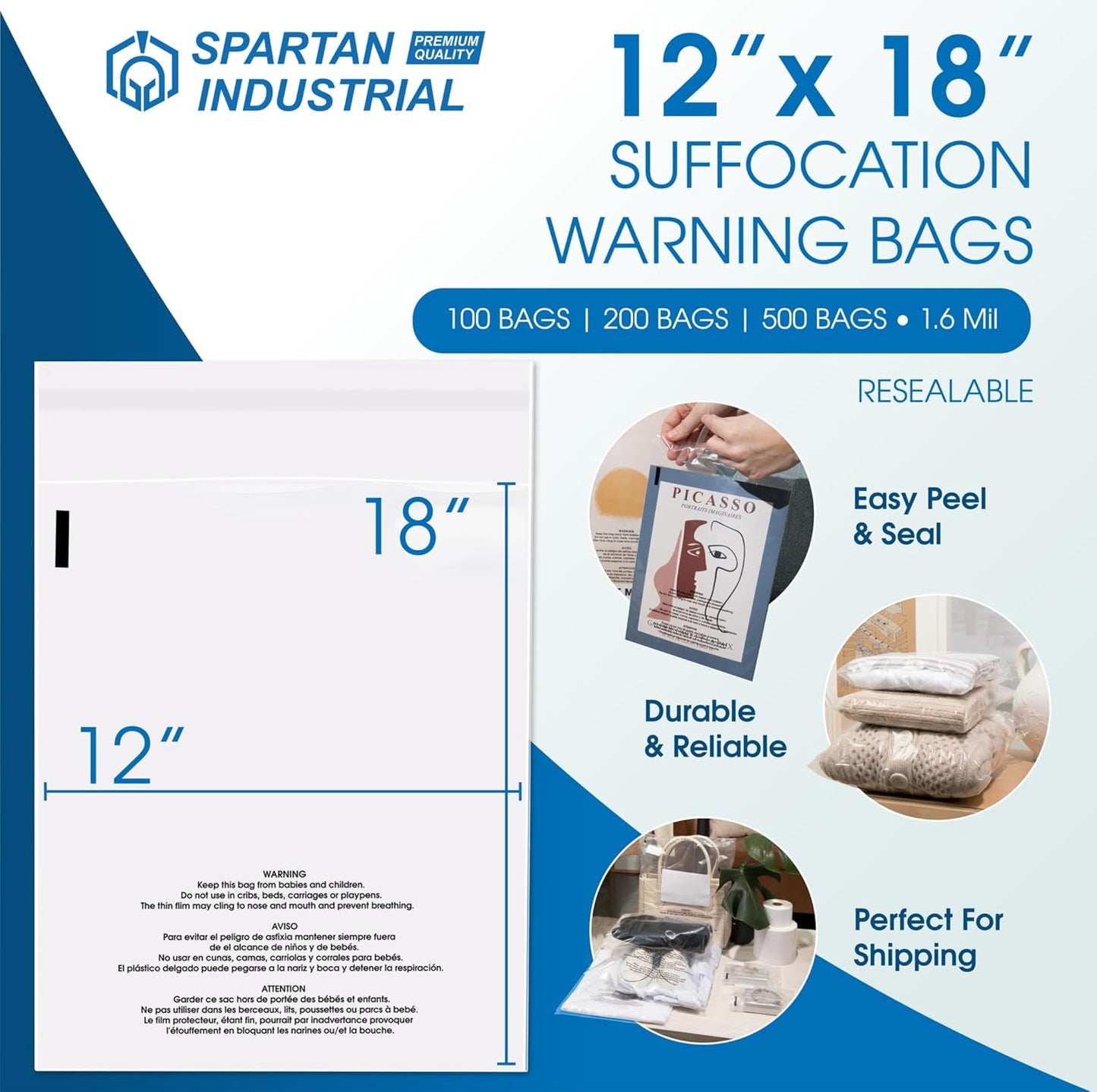Spartan Industrial - Self-Seal Clear Poly Bags | 12” X 18” (100 Count) with Suffocation Warning for T-Shirts