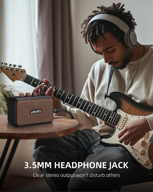 LEKATO Mini Electric Guitar Amplifier, Dual Speakers 5W, Rechargeable Guitar Amp Bluetooth with Clean Overdrive Effects, Headphone Jack, Retro Portable Small Amp for Practice