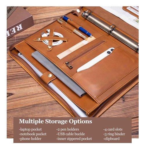 Geslun Genuine Leather Portfolio 3 Ring Binder with Clipboard, Hidden Handle, 8.5 x 11 Zippered Padfolio, Business Organizer Professional Executive Folio for Men and Women, Brown