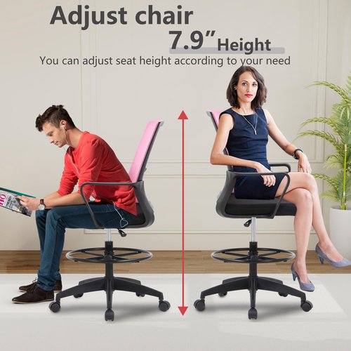 Drafting Chair Tall Office Chair Adjustable Swivel Rolling Mesh Height with Lumbar Support Arms Footrest Mid Back for Adults Standing Desk Drafting Stool(Light Pink)