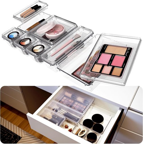 Flybok 28 Pcs Drawer Organizer for Makeup/Office Supplies/Vanity/Desk Drawer Organizers, Acrylic Organizers, Shallow Drawer Organizers with Lid Design