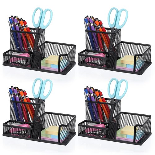 mekueeex Mesh Pen Pencil Holder Note Holders Desk Organizer, 3 Compartment Wire Desktop Pen Pencil Cup Caddy Office Supplies Accessories for Home Office School, Black(4 Pack)