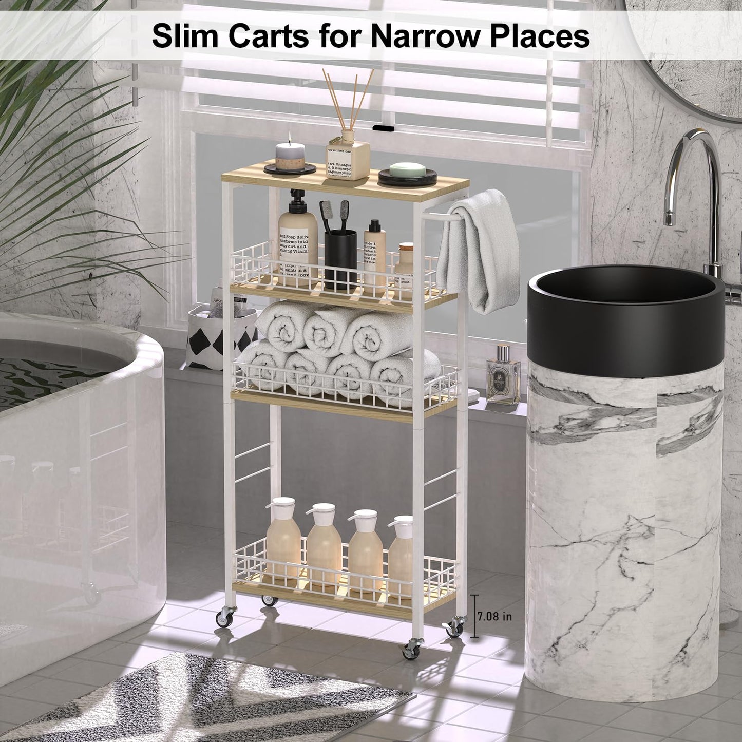 Slim Storage Cart White Narrow Storage Cabinet 4 Tier Laundry Room Organization Mobile Bathroom Shelving Unit Organizer Rolling Utility Cart Slide Out Kitchen Cart Tower Rack for Narrow Places 7.08’’W