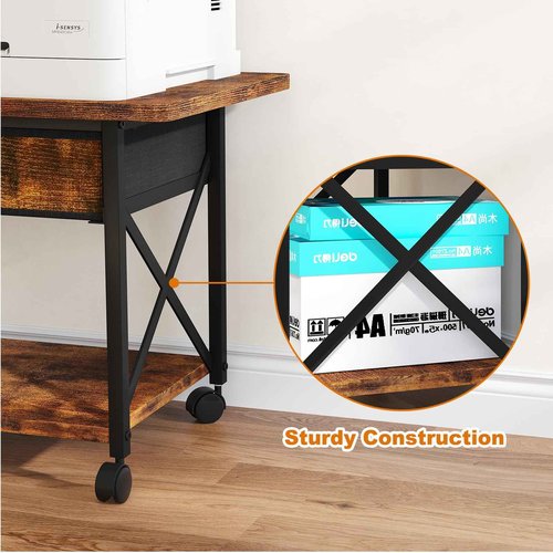 EasyCom 23.6" x 15.7" Under Desk Printer Stand with Storage Drawer, 2-Tier Shelf Desktop Printer Table for Desk with Wheels, Large Rolling Cart for Home Office Fits 3D Printer Scanner Rustic Brown