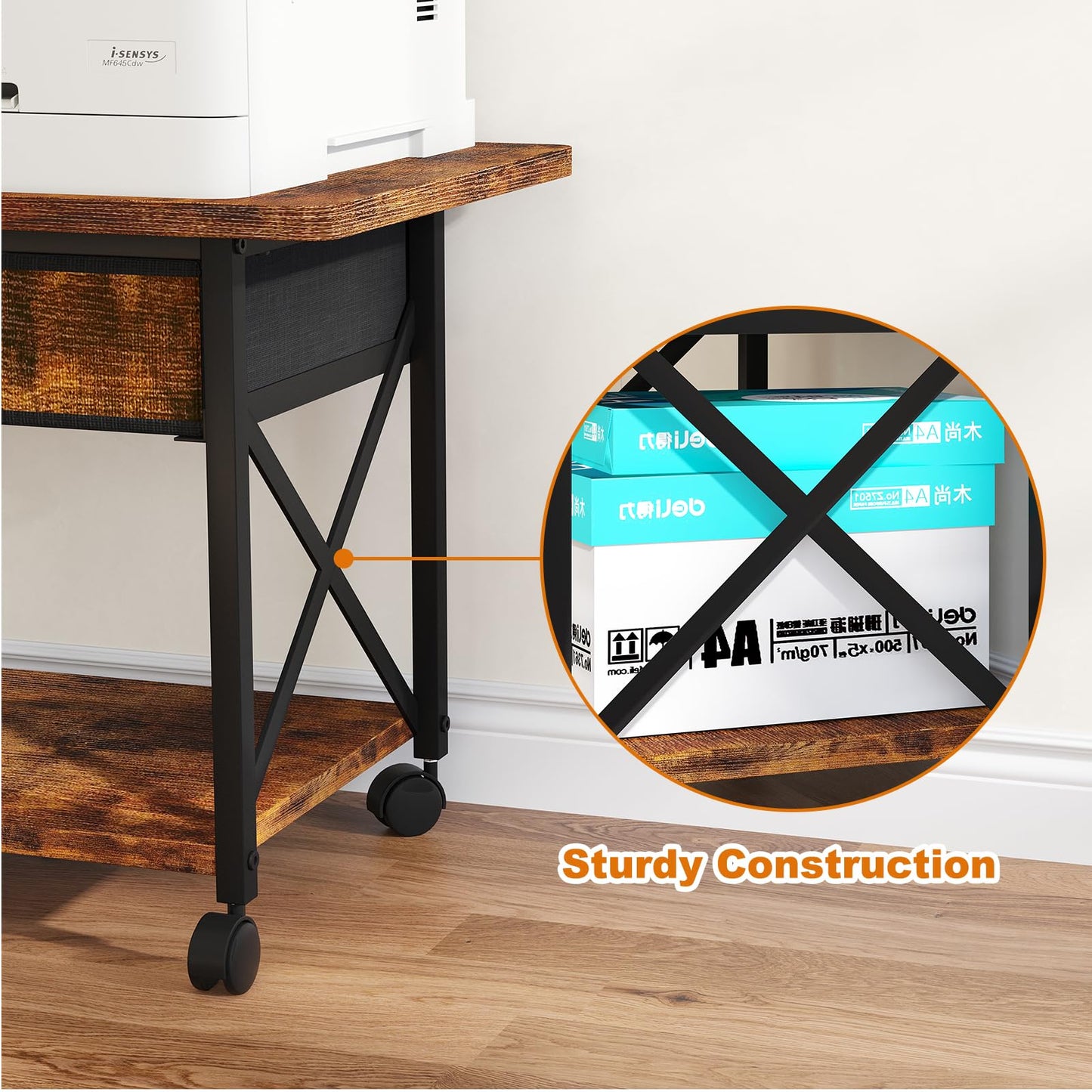 EasyCom 23.6" x 15.7" Under Desk Printer Stand with Storage Drawer, 2-Tier Shelf Desktop Printer Table for Desk with Wheels, Large Rolling Cart for Home Office Fits 3D Printer Scanner Rustic Brown