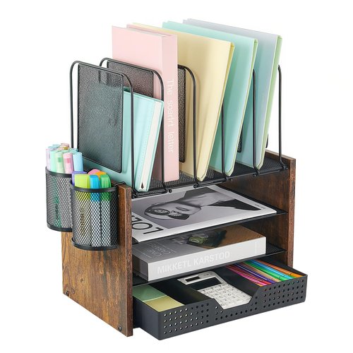 AUPSEN Desk Organizer and Accessories, Wood Desk Organizer with 5 Upright Sections and Drawer, Office Organization and Storage with Vertical File Holders, Office Desk Accessories